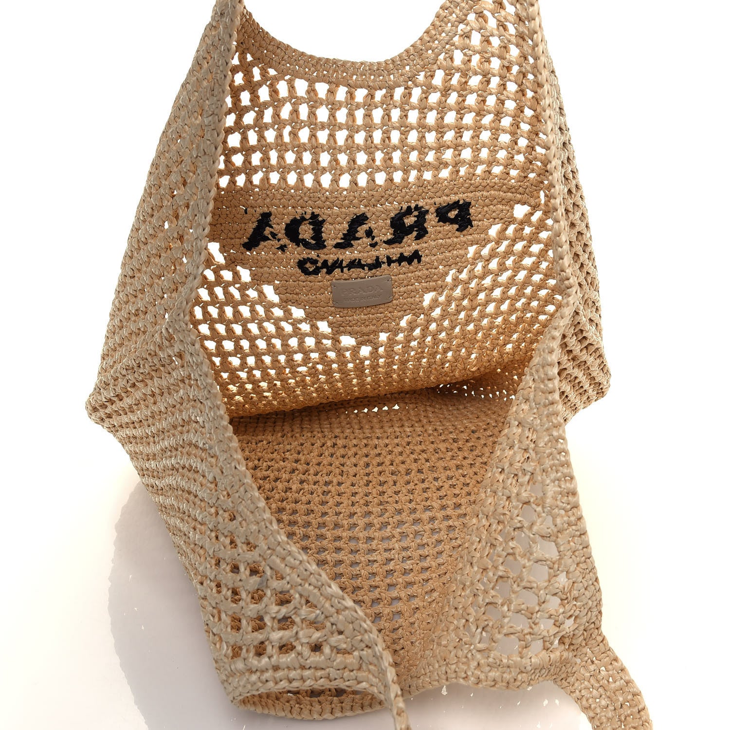 Prada Yarn Raffia Effect Crochet Logo Embroidered Shopping Tote Bag Naturale 5 of 10