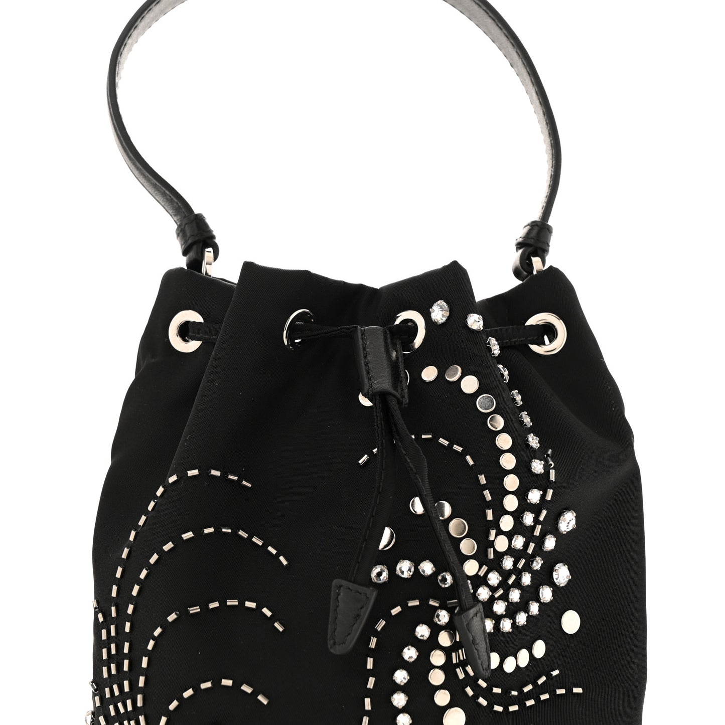 Tessuto Saffiano Ricamo Sequin Crystal Embellished Mini Re-Edition 1978 Bucket Bag Black