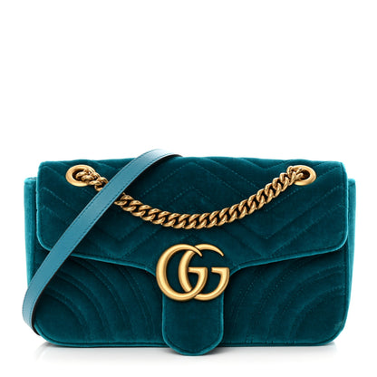 Gucci Velvet Matelasse Small GG Marmont Shoulder Bag Pavone Cyan 1 of 12
