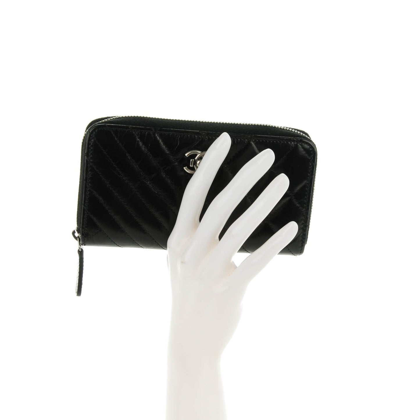 Glazed Calfskin Quilted Small Coco Boy Zip Around Wallet Black