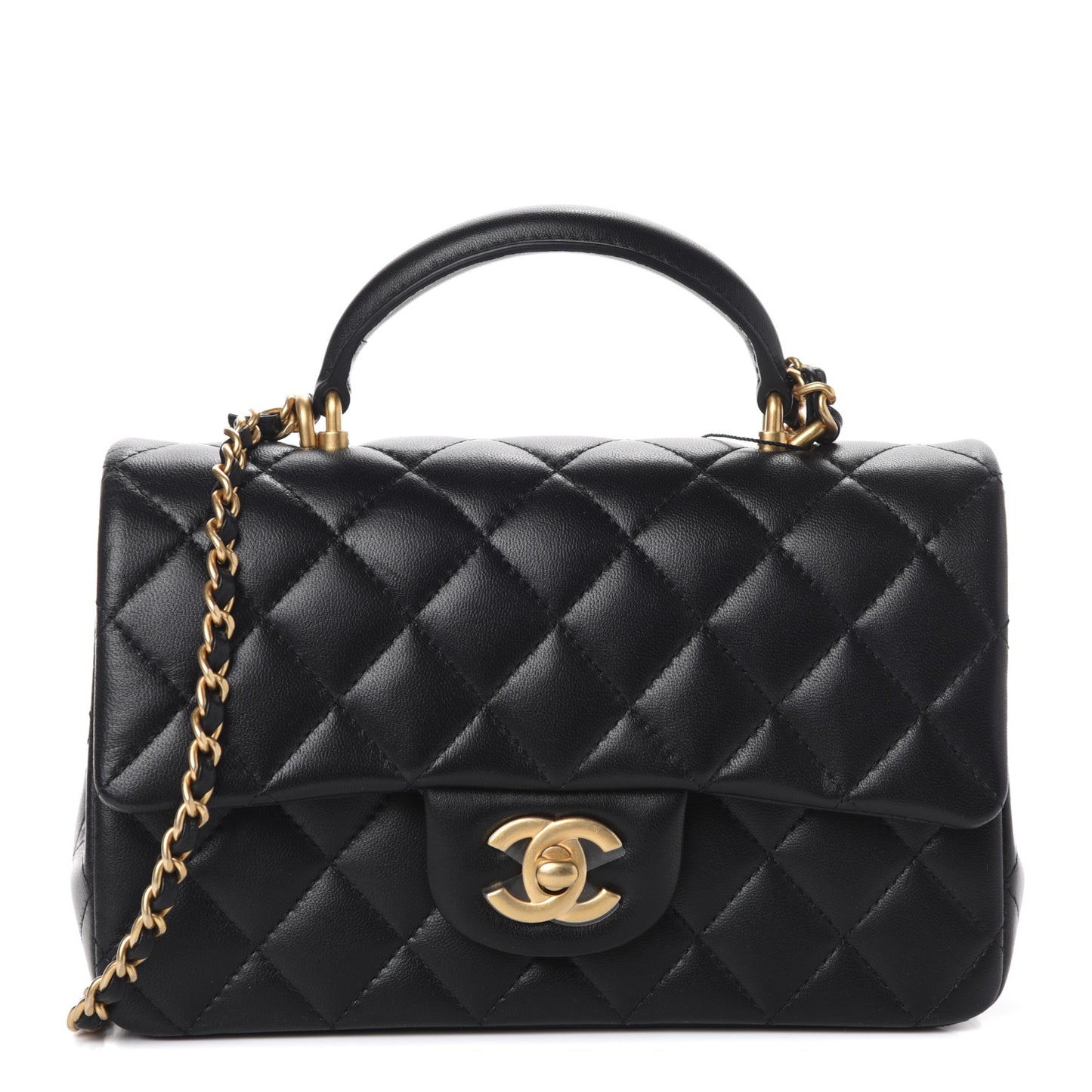 Lambskin Quilted Mini Top Handle Rectangular Flap Black