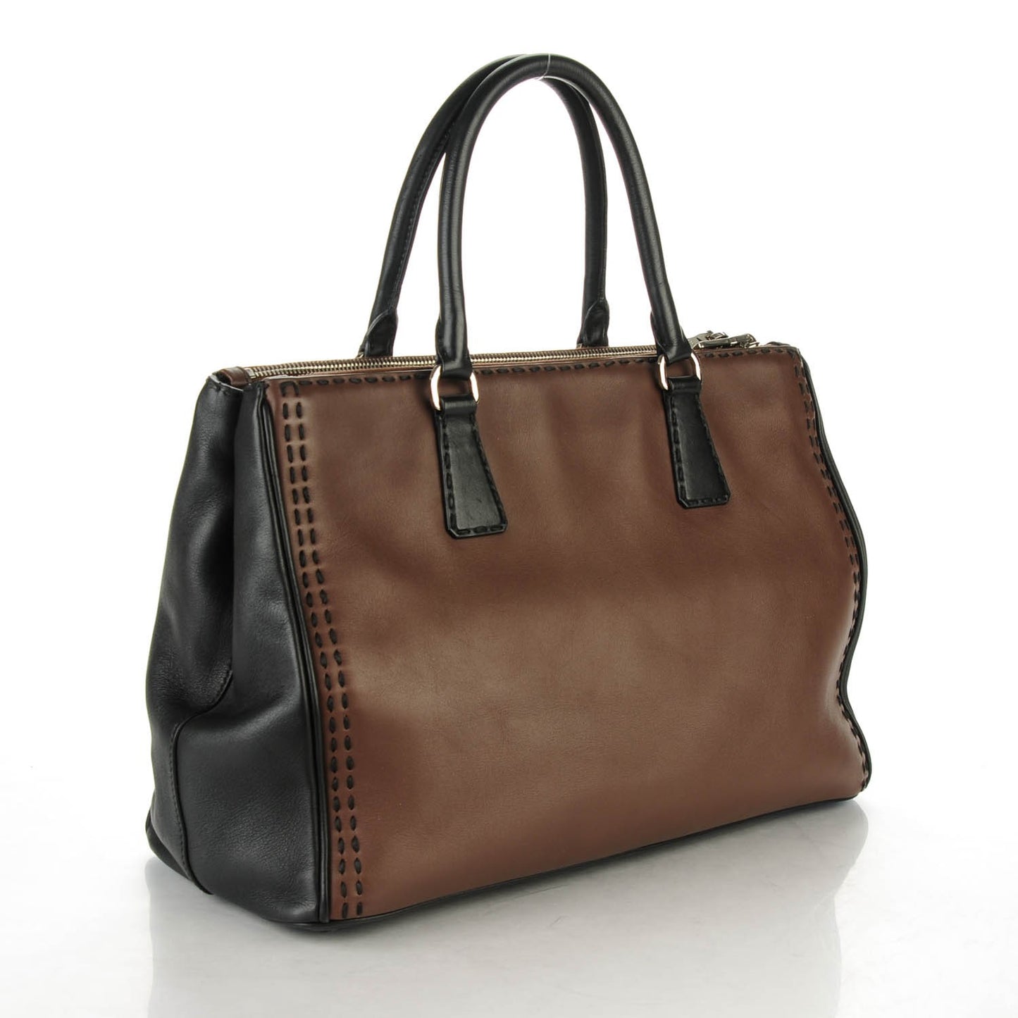 City Calf Hand Stitched Large Galleria Double Zip Tote Cacao Black