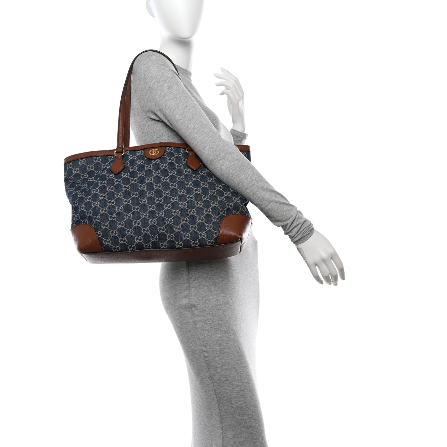 New Denim GG Monogram Medium Ophidia Shopping Tote Blue Tea Cuir
