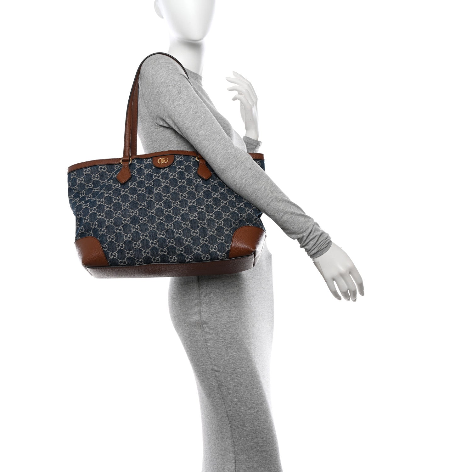 Gucci New Denim GG Monogram Medium Ophidia Shopping Tote Blue Tea Cuir 2 of 15