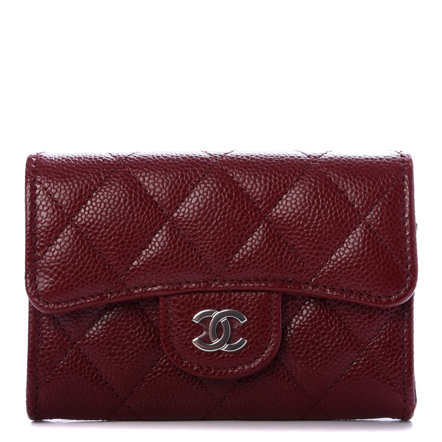 Caviar Quilted Flap Card Holder Wallet Dark Red