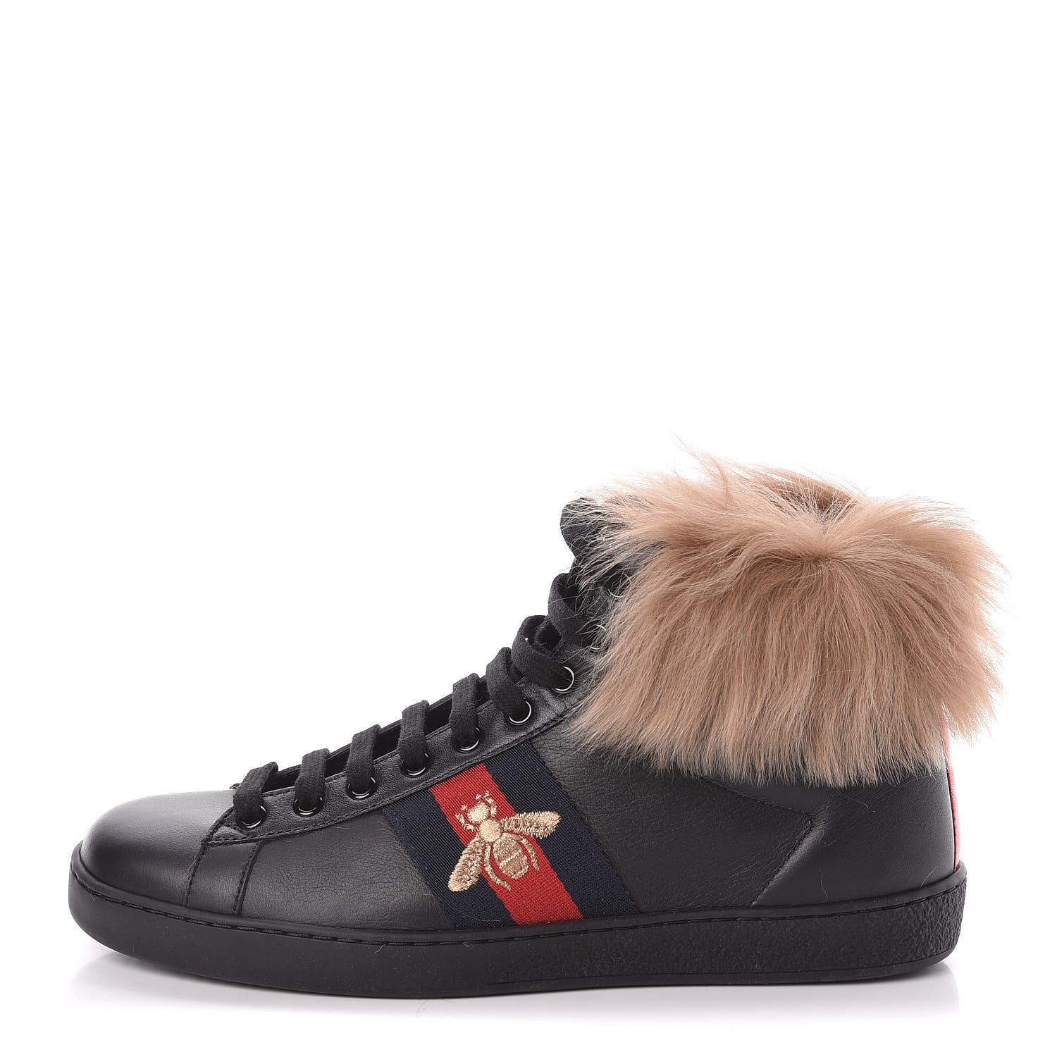 Gucci Calfskin Wool Web Bee Embroidered Mens Ace High Top Sneakers 6 Black 1 of 7