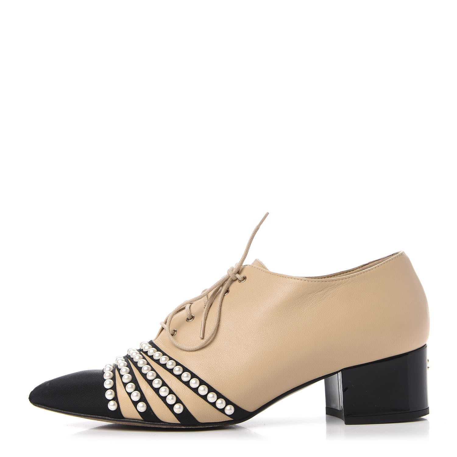 Chanel Goatskin Grosgrain Pearl Cap Toe Lace Up Oxfords 37.5 Beige Black 1 of 13