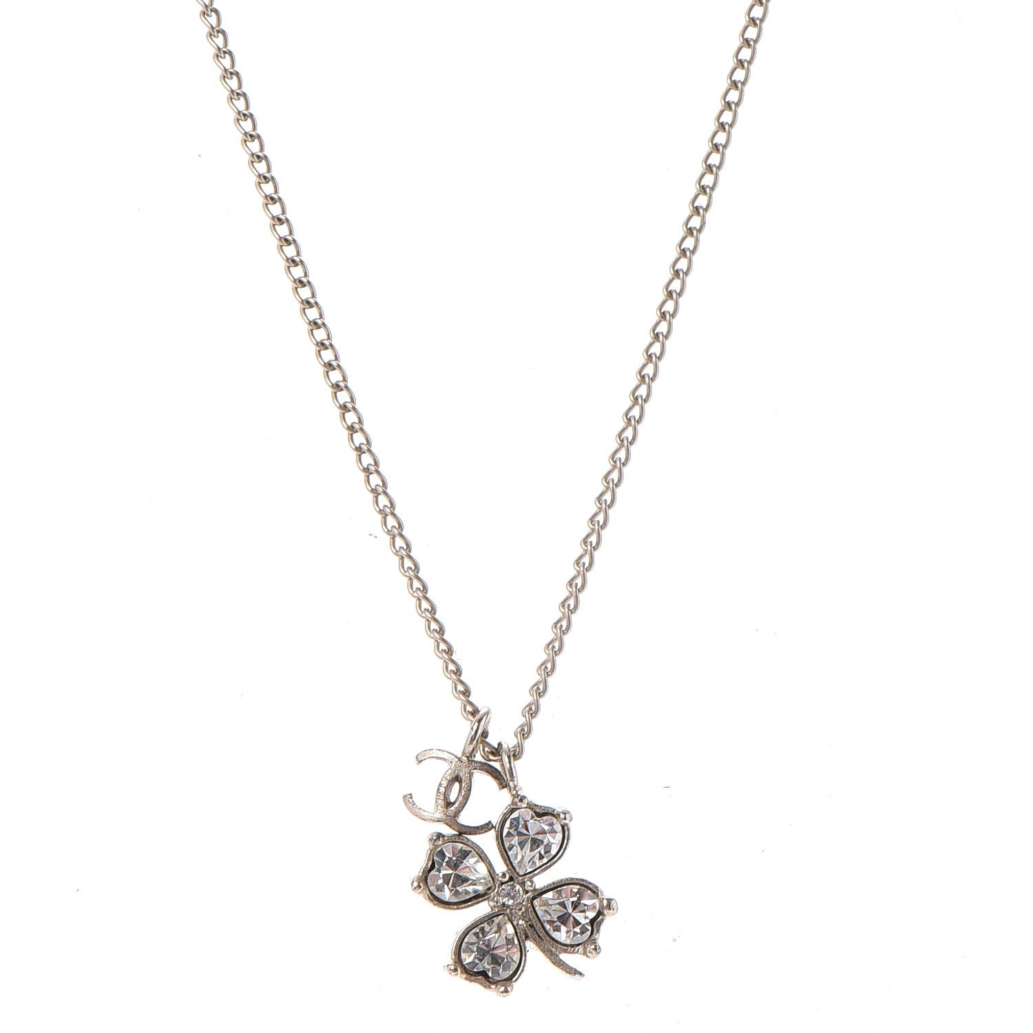 Chanel Crystal CC Four Leaf Clover Pendant Necklace Gold 1 of 7