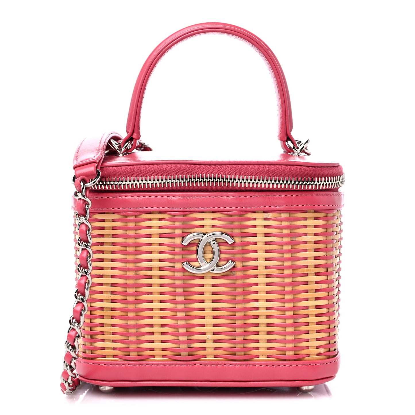 Calfskin Raffia Small Take Away Vanity Case Bag Pink Beige