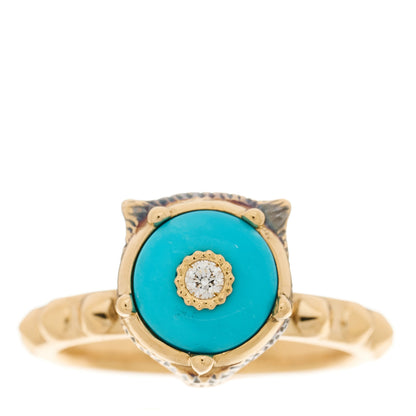 Gucci 18K Yellow Gold Turquoise Diamond Le Marche Des Merveilles Feline Ring 53 6.25 1 of 8