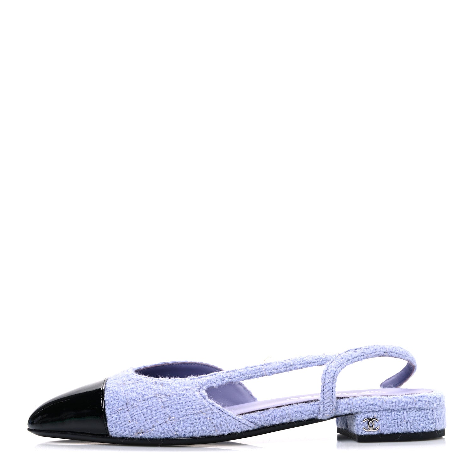 Chanel Iridescent Wool Tweed Patent Cap Toe CC Slingback Flats 39.5 Light Purple Silver Black 1 of 11