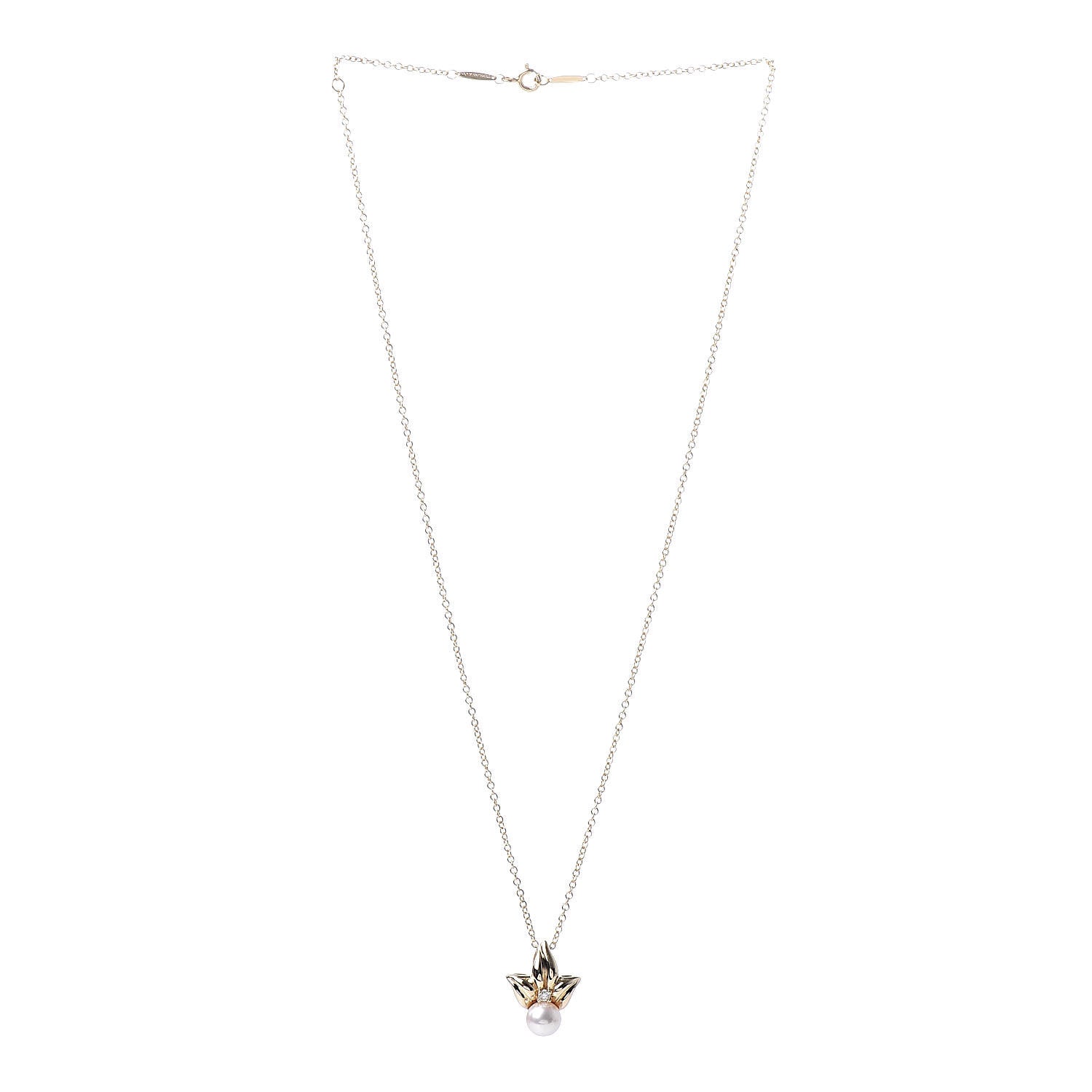 Tiffany 18K Yellow Gold Diamond 7mm Pearl Pendant Necklace 3 of 7