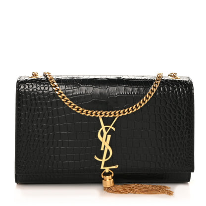 Saint Laurent Calfskin Crocodile Embossed Medium Classic Monogram Kate Tassel Satchel Black 1 of 9