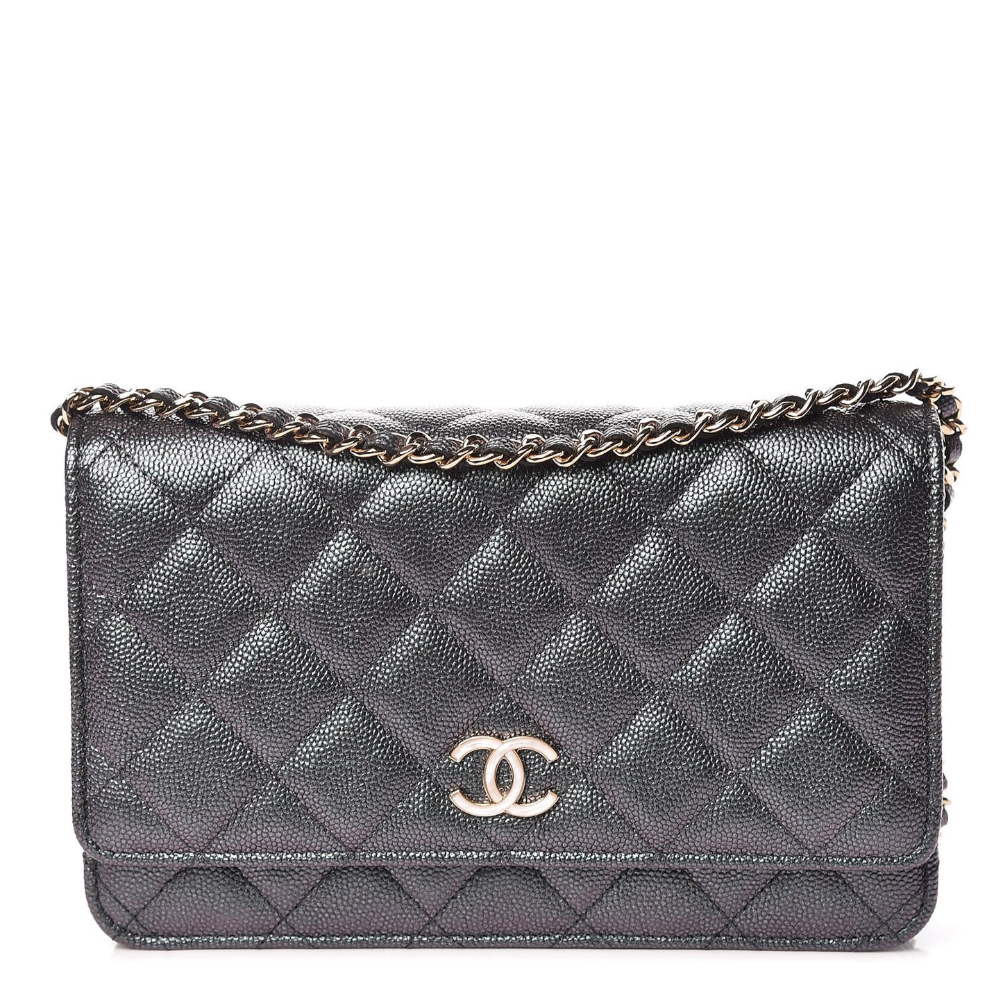 Iridescent Caviar Quilted Wallet On Chain WOC Black