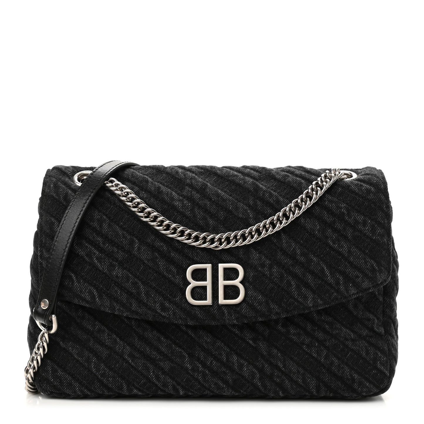Destroyed Denim Jacquard Logo Matelasse M BB Round Shoulder Bag Black