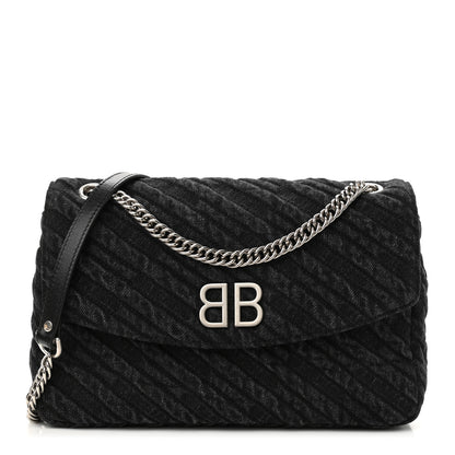Balenciaga Destroyed Denim Jacquard Logo Matelasse M BB Round Shoulder Bag Black 1 of 8