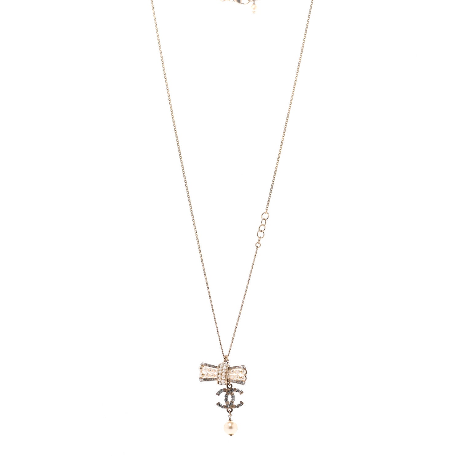 Chanel Crystal Pearl CC Bow Necklace Gold 1 of 5