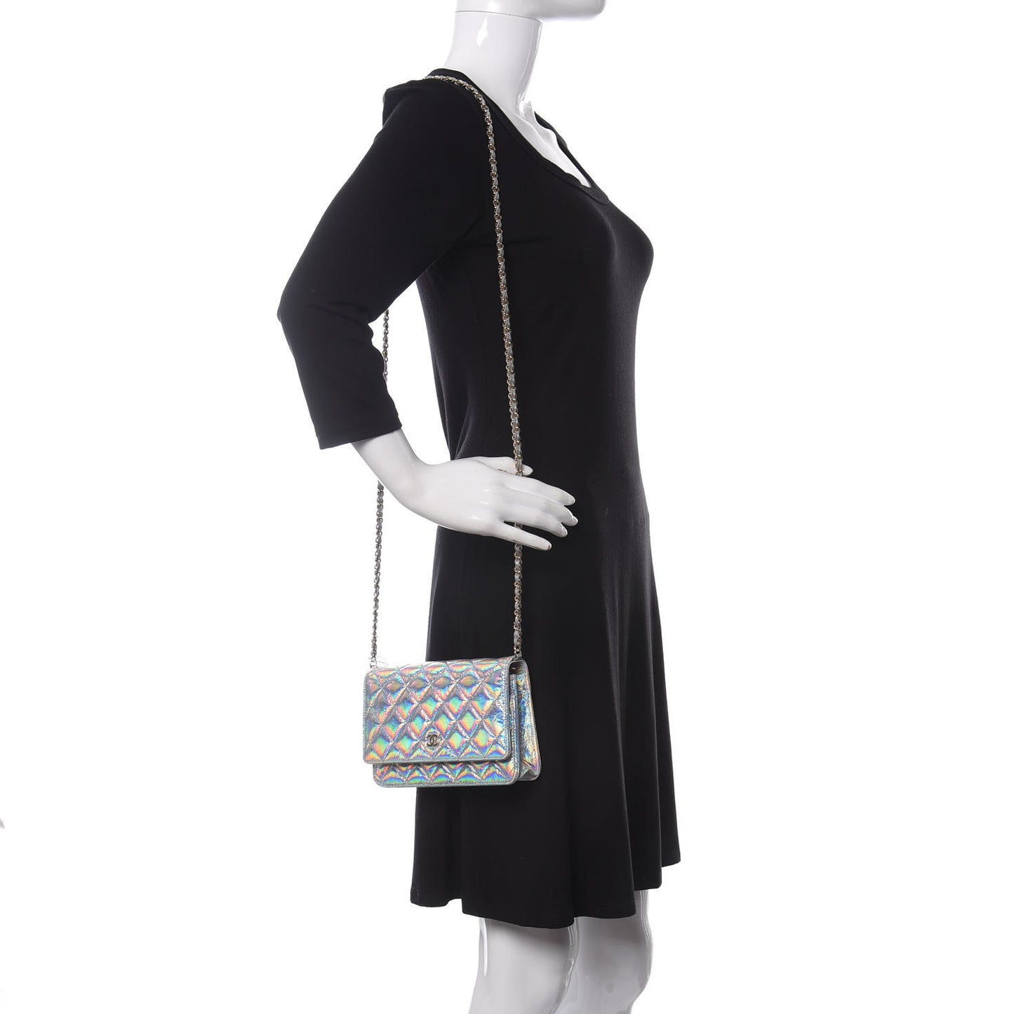 Iridescent Goatskin Quilted Wallet On Chain WOC Silver