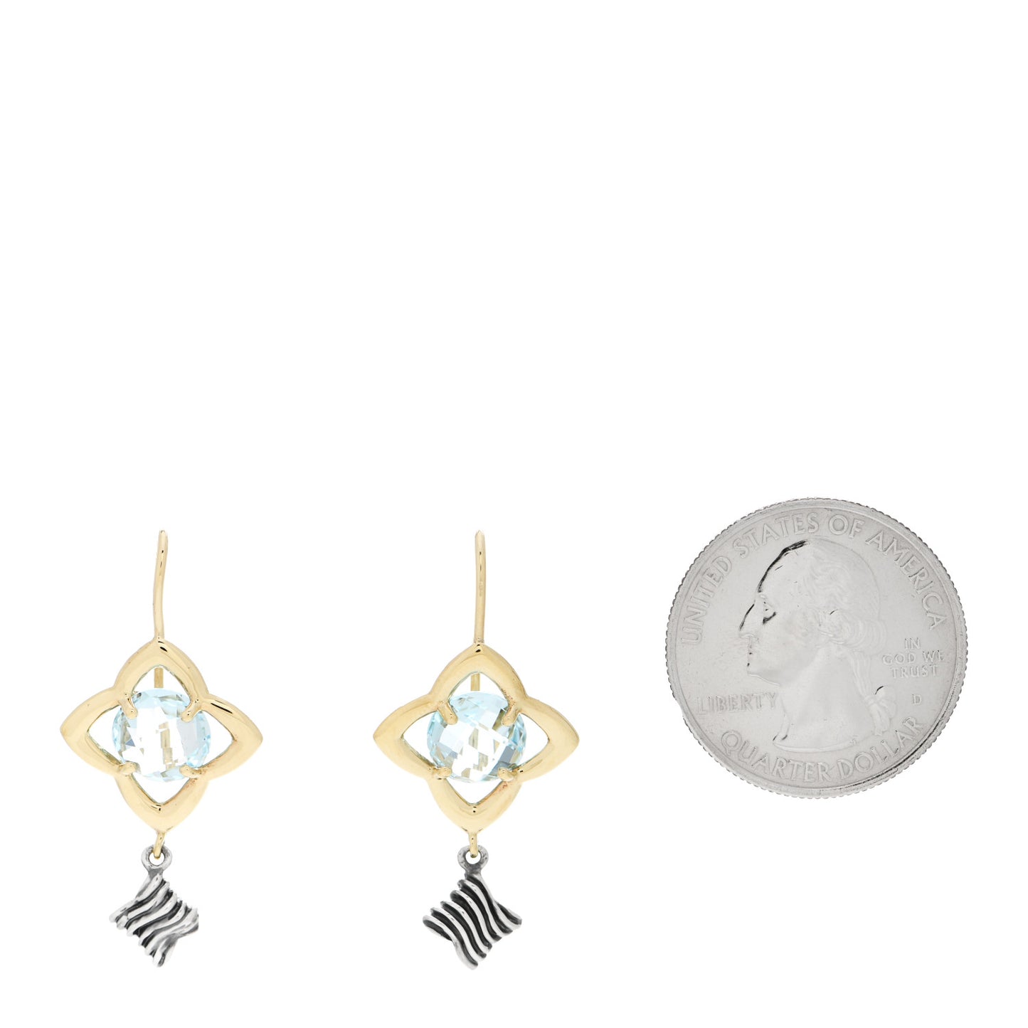 Sterling Silver 18K Yellow Gold Blue Topaz Quatrefoil Drop Earrings