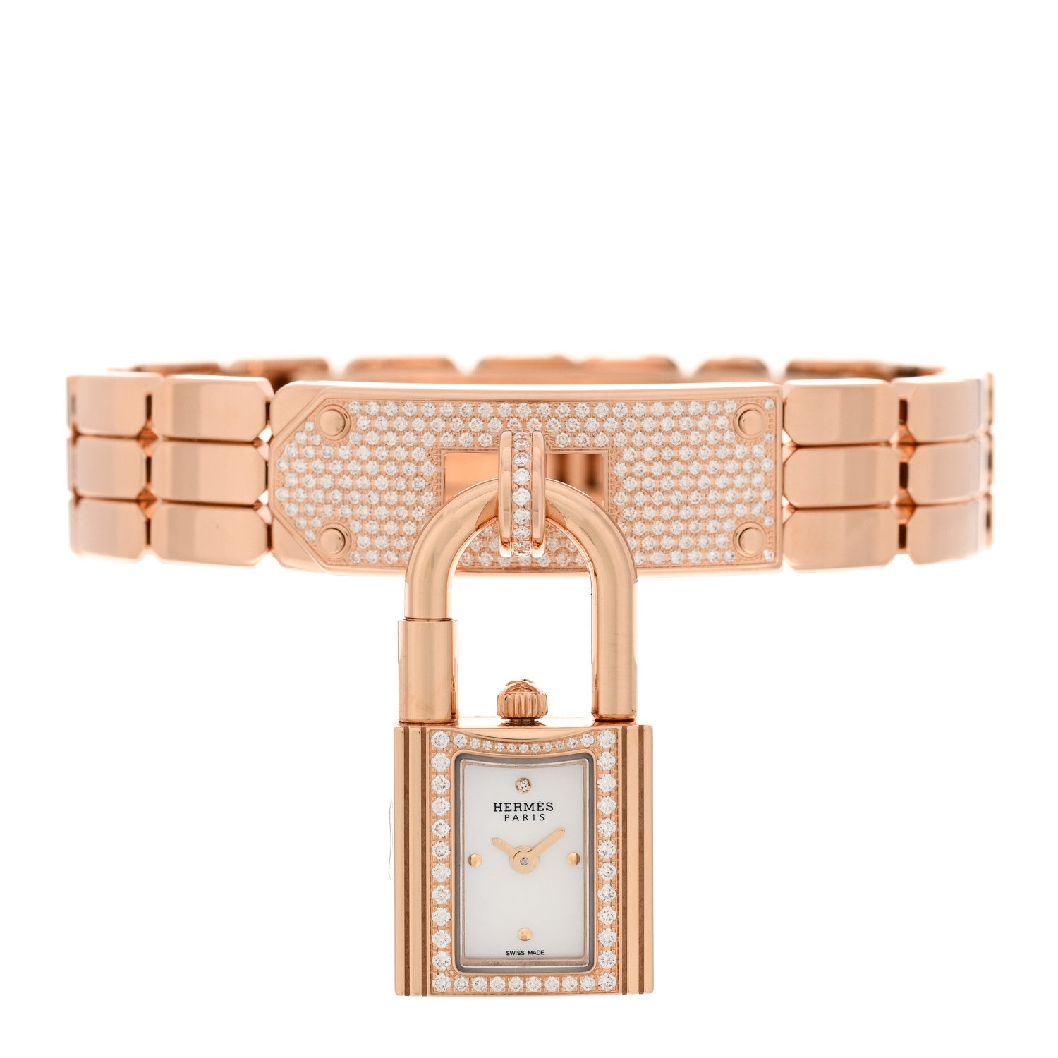 Hermes 18K Rose Diamond Pave 16mm Kelly Quartz Watch 1 of 5