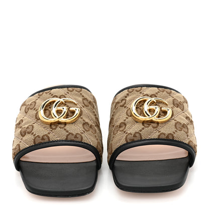 Gucci Monogram Matelasse Diagonal GG Marmont Flat Slide Sandals 36 Beige Ebony Black 3 of 10