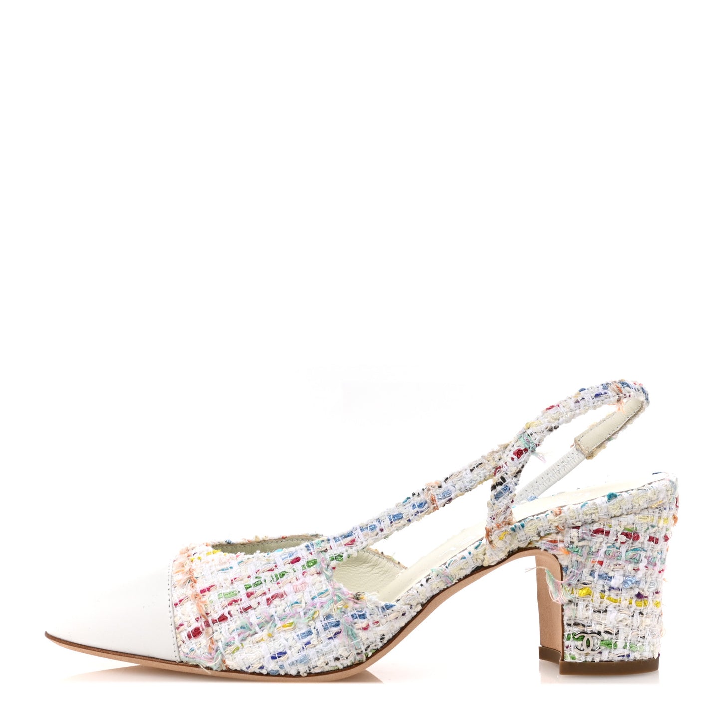 Tweed Lambskin Cap Toe CC Slingback Pumps 39 White Multicolor