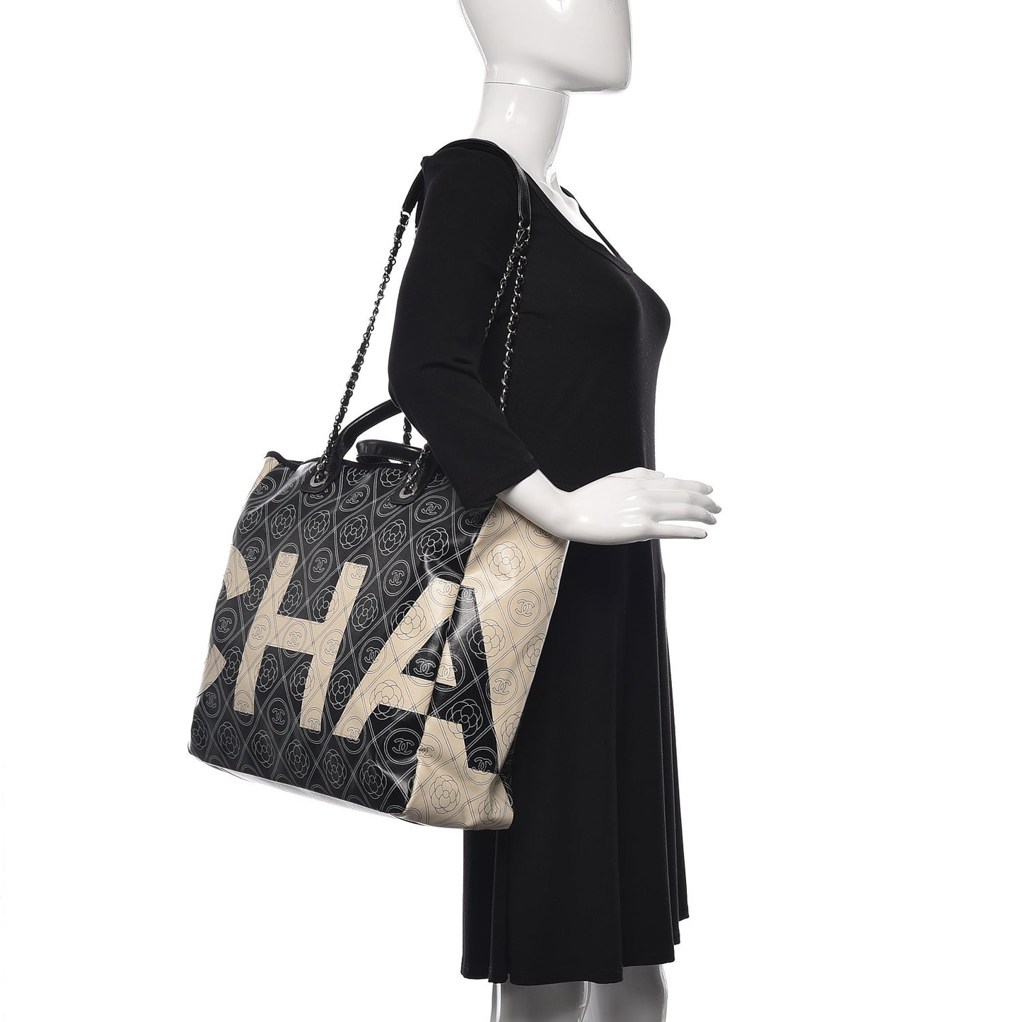 Coated Canvas Camellia Medium Shopping Tote Black Beige