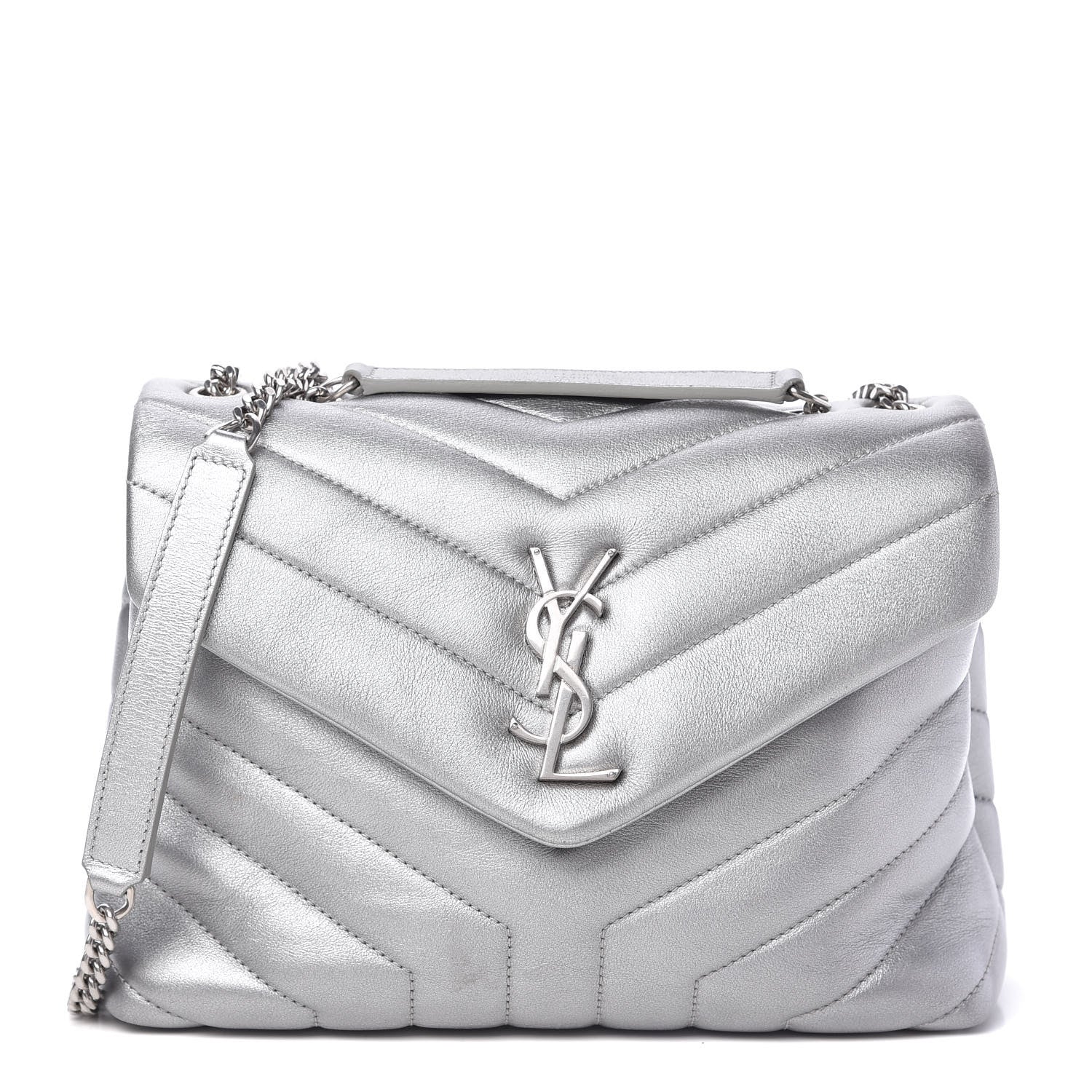 Saint Laurent Metallic Calfskin Y Quilted Monogram Small Loulou Chain Satchel Silver 1 of 10