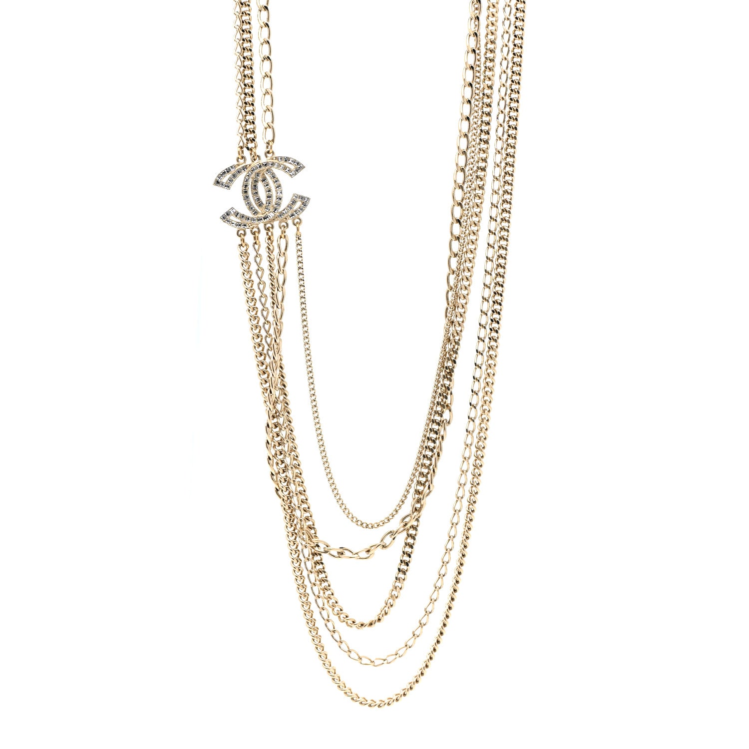 Chanel Multi Strand Chain Baguette Crystal CC Necklace Gold 1 of 7