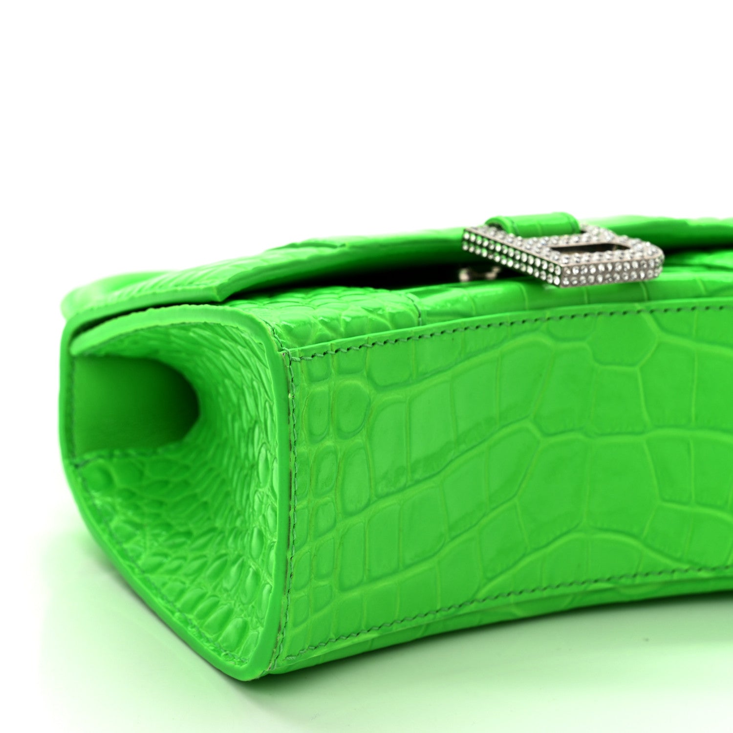 Balenciaga Shiny Calfskin Strass Crocodile Embossed Hourglass Top Handle Bag XS Fluo Green 9 of 10