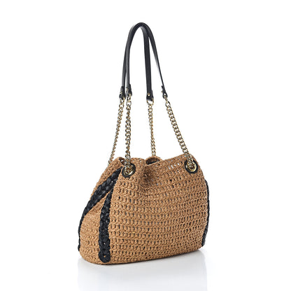 Gucci Raffia Effect Medium GG Marmont Shoulder Tote Bag Natural Black 2 of 8