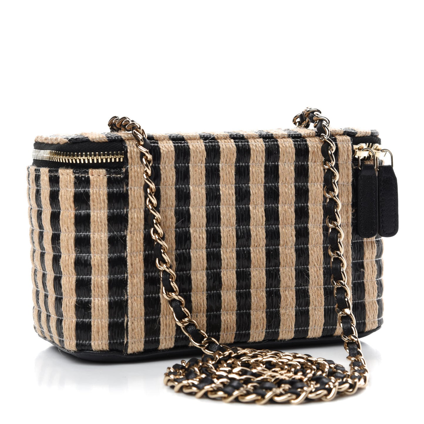 Raffia Jute Striped Small Vanity Case With Chain Black Beige