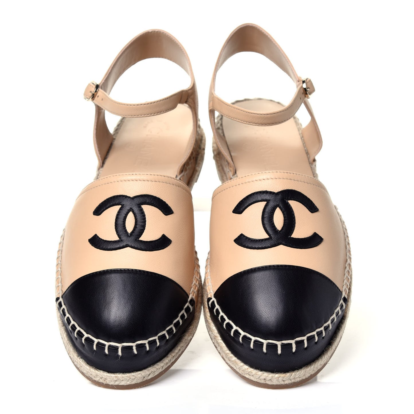 Lambskin Cap Toe CC Espadrille Sandals 40 Beige Black