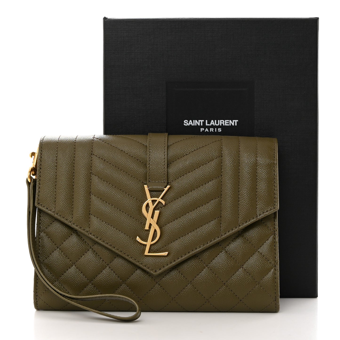 Grain De Poudre Textured Mixed Matelasse Triquilt Monogram Clutch Vert Kaki