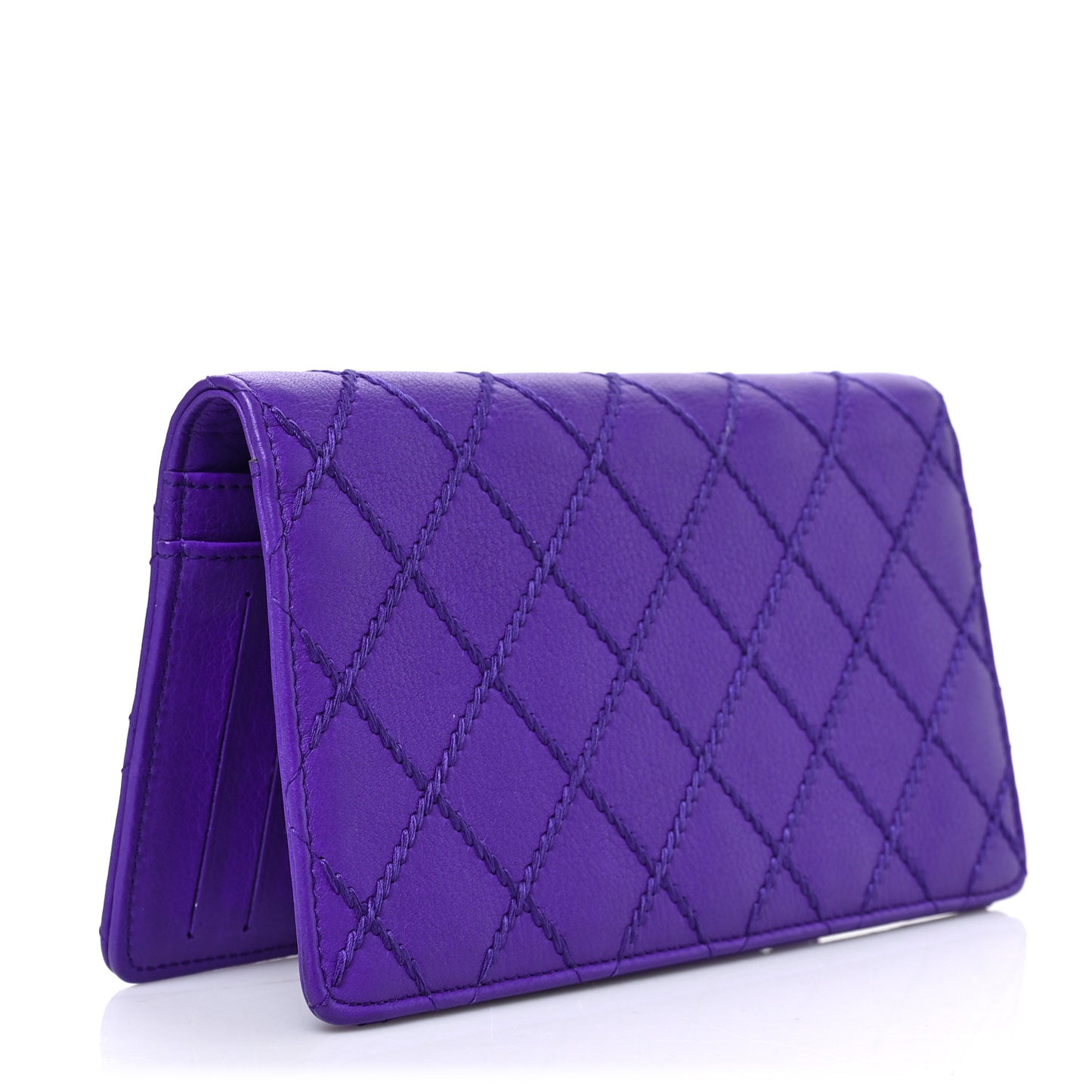 Calfskin Stitched Fancy CC Yen Wallet Purple