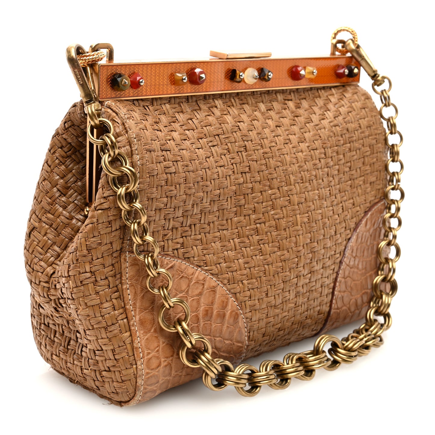 Straw Crocodile Woven Semitracolla Frame Bag Tabacco Orange