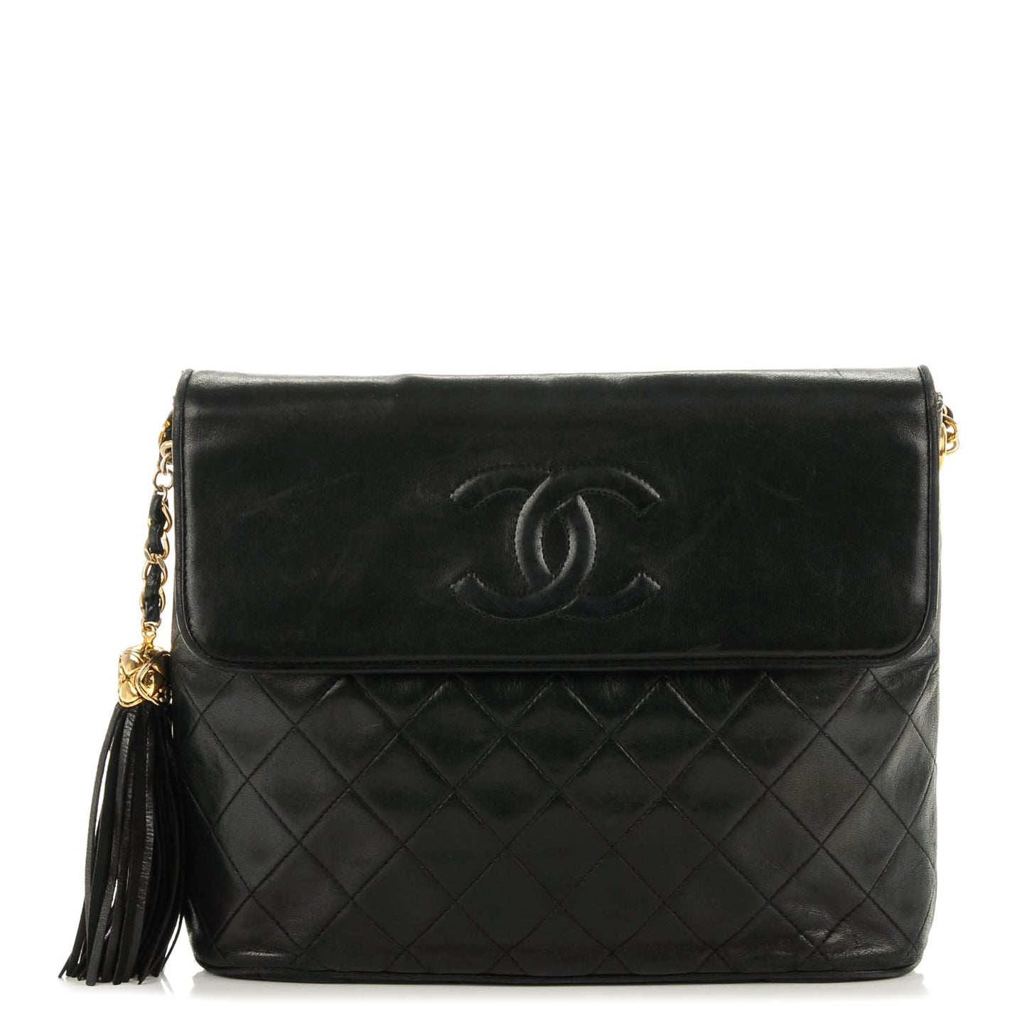 Lambskin Quilted CC Tassel Shoulder Flap Bag Black