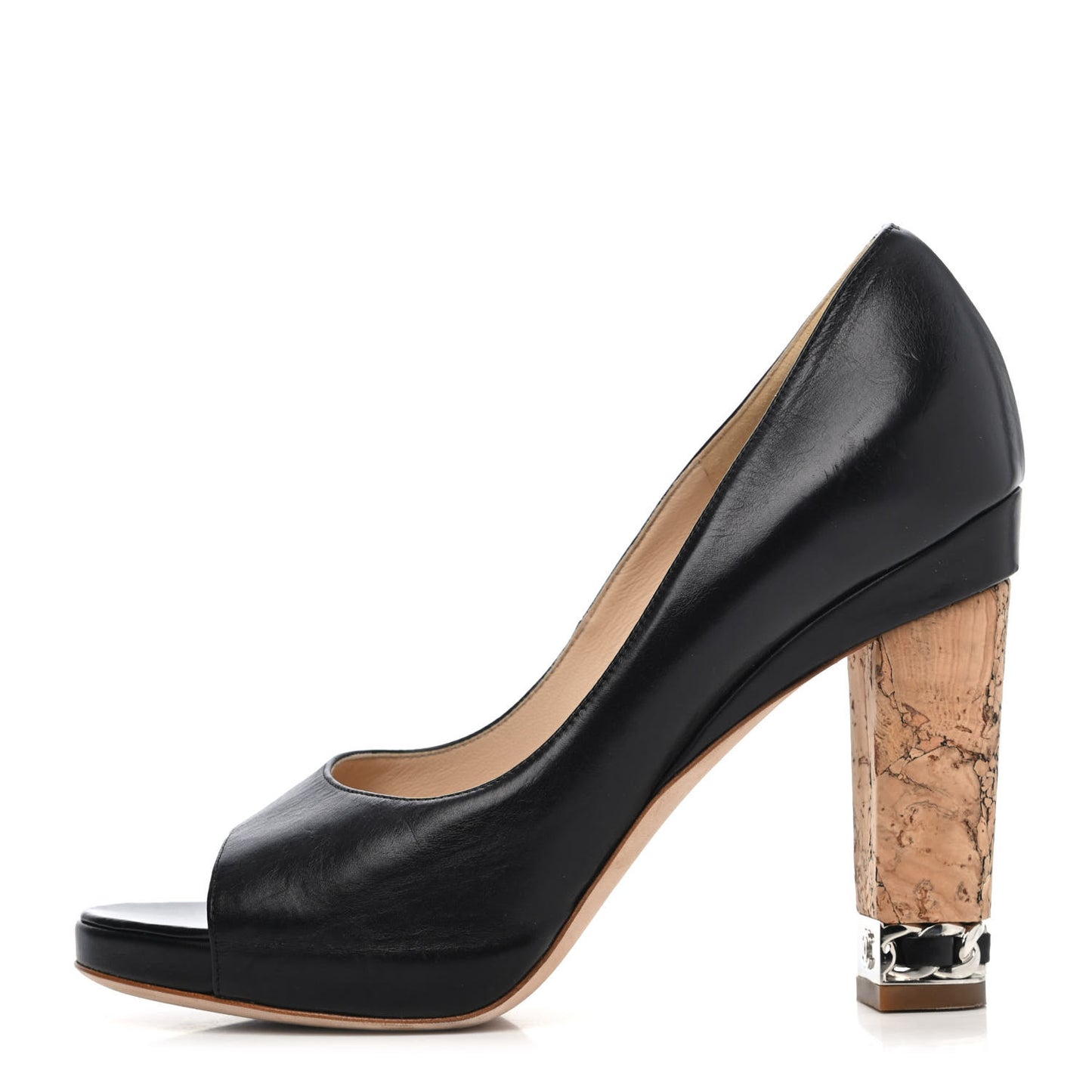 Lambskin Cork Chain CC Peep Toe Pumps 37 Black