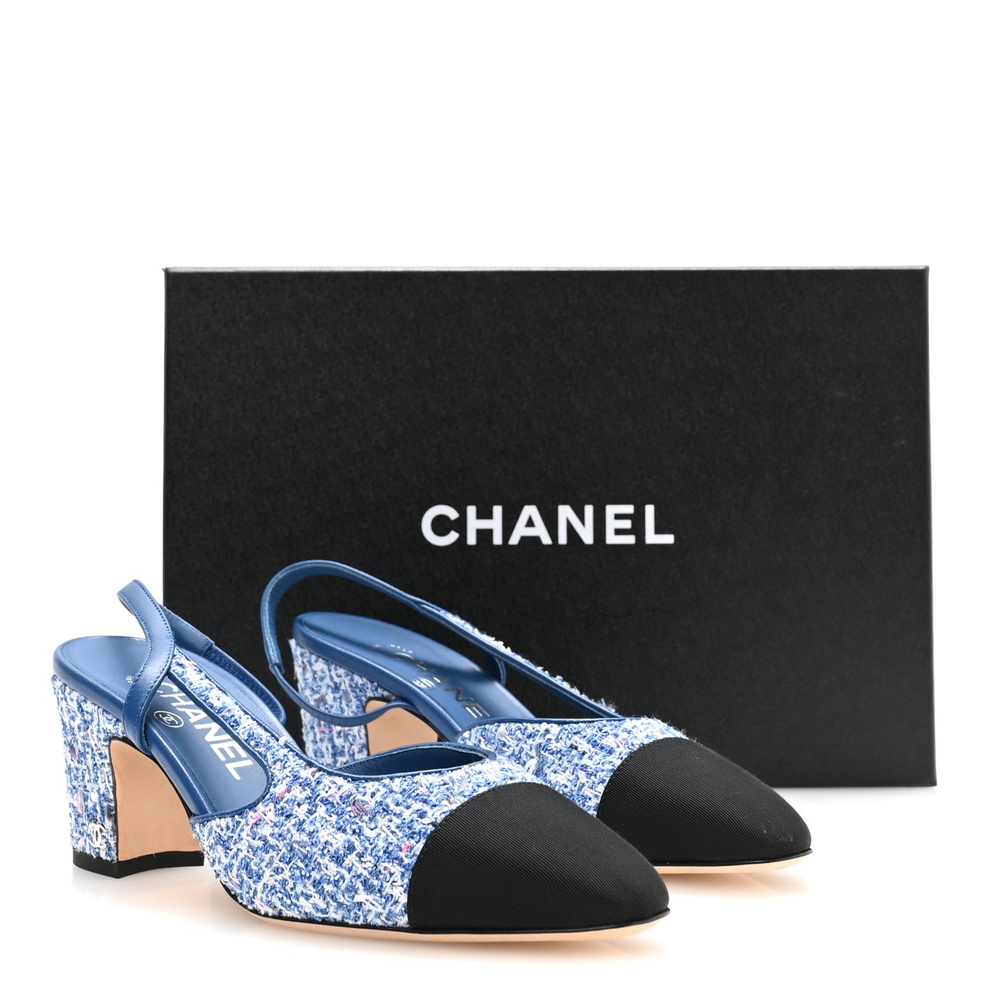 Tweed Grosgrain Cap Toe CC Slingback Pumps 36 Blue White Black