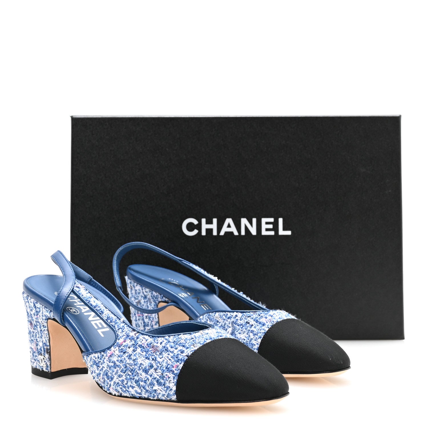 Chanel Tweed Grosgrain Cap Toe CC Slingback Pumps 36 Blue White Black 9 of 9