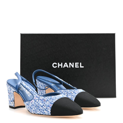 Chanel Tweed Grosgrain Cap Toe CC Slingback Pumps 36 Blue White Black 9 of 9