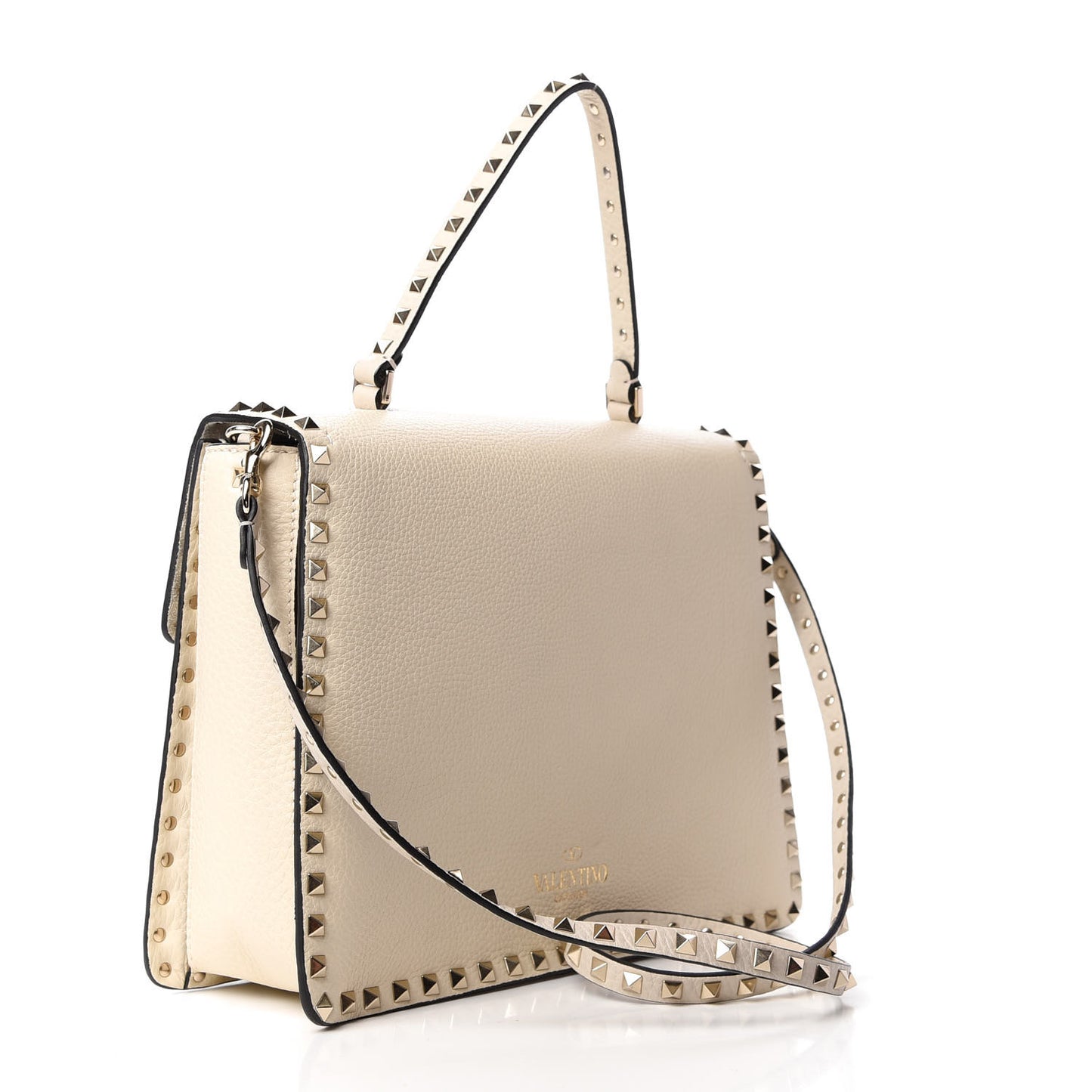 Grained Calfskin Rockstud Top Handle Flap Shoulder Bag Light Ivory