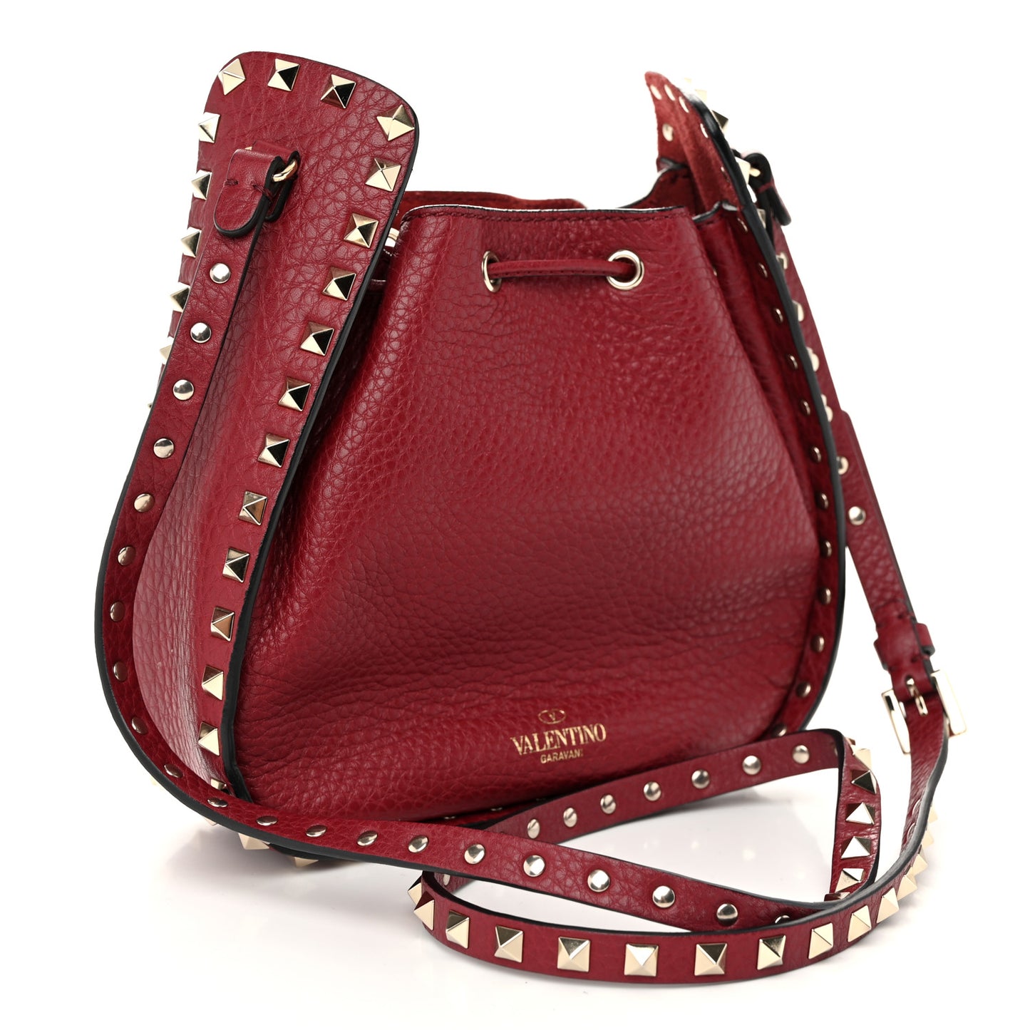 Grained Calfskin Rockstud Bucket Bag Rubino