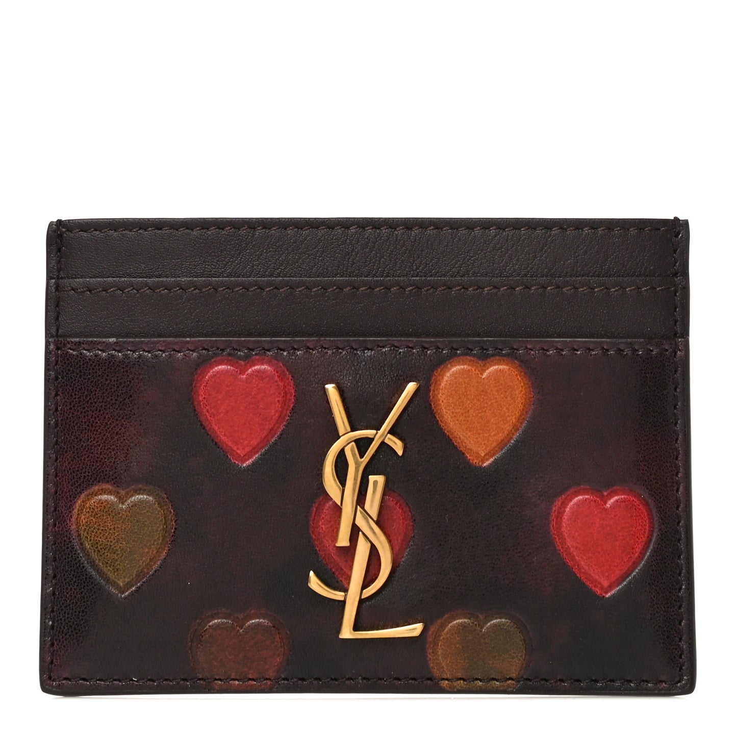 T Lambskin Heart Embossed Monogram Card Case Vintage Cognac