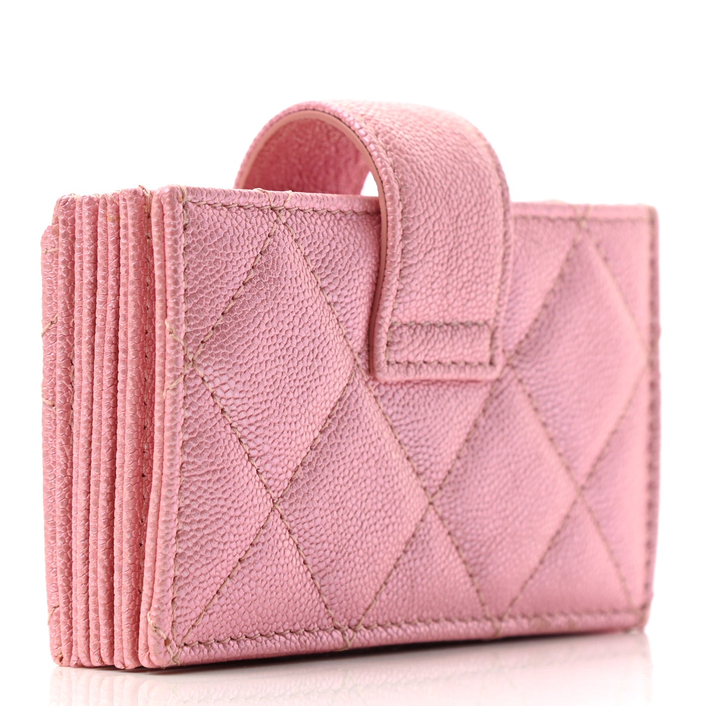 Iridescent Caviar Quilted Gusseted Card Holder Pink