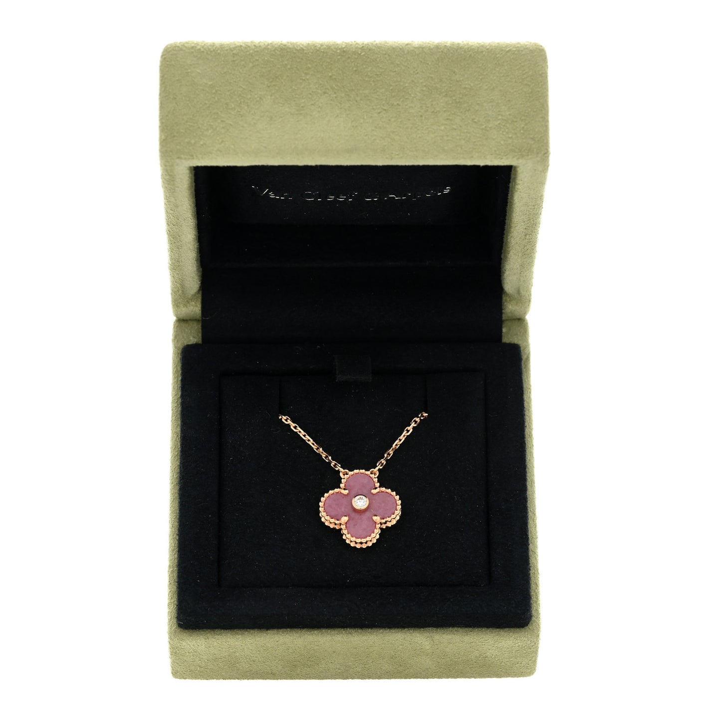 18K Rose Gold Diamond Rhodonite Vintage Alhambra Pendant Necklace