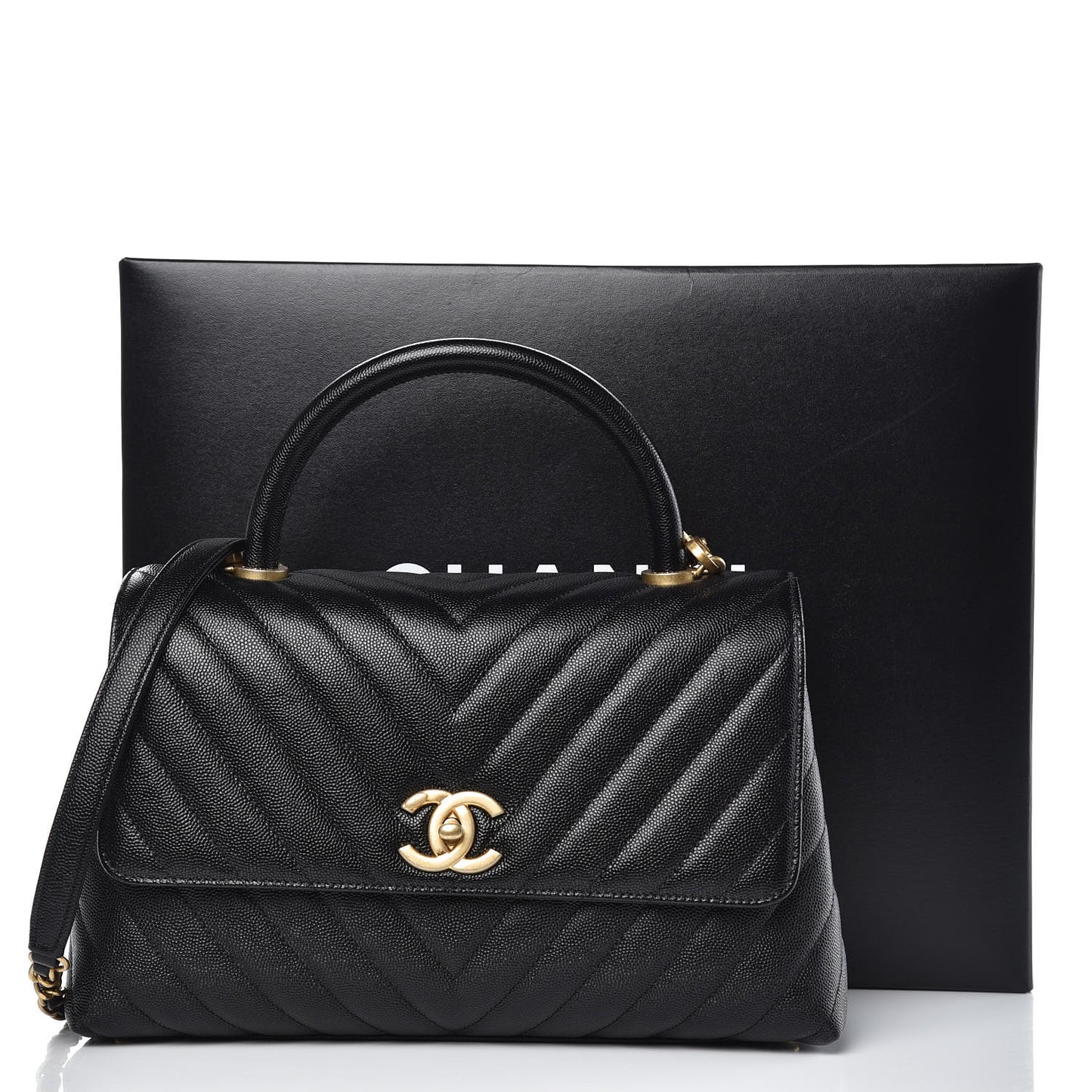 Caviar Chevron Quilted Small Coco Handle Flap Black