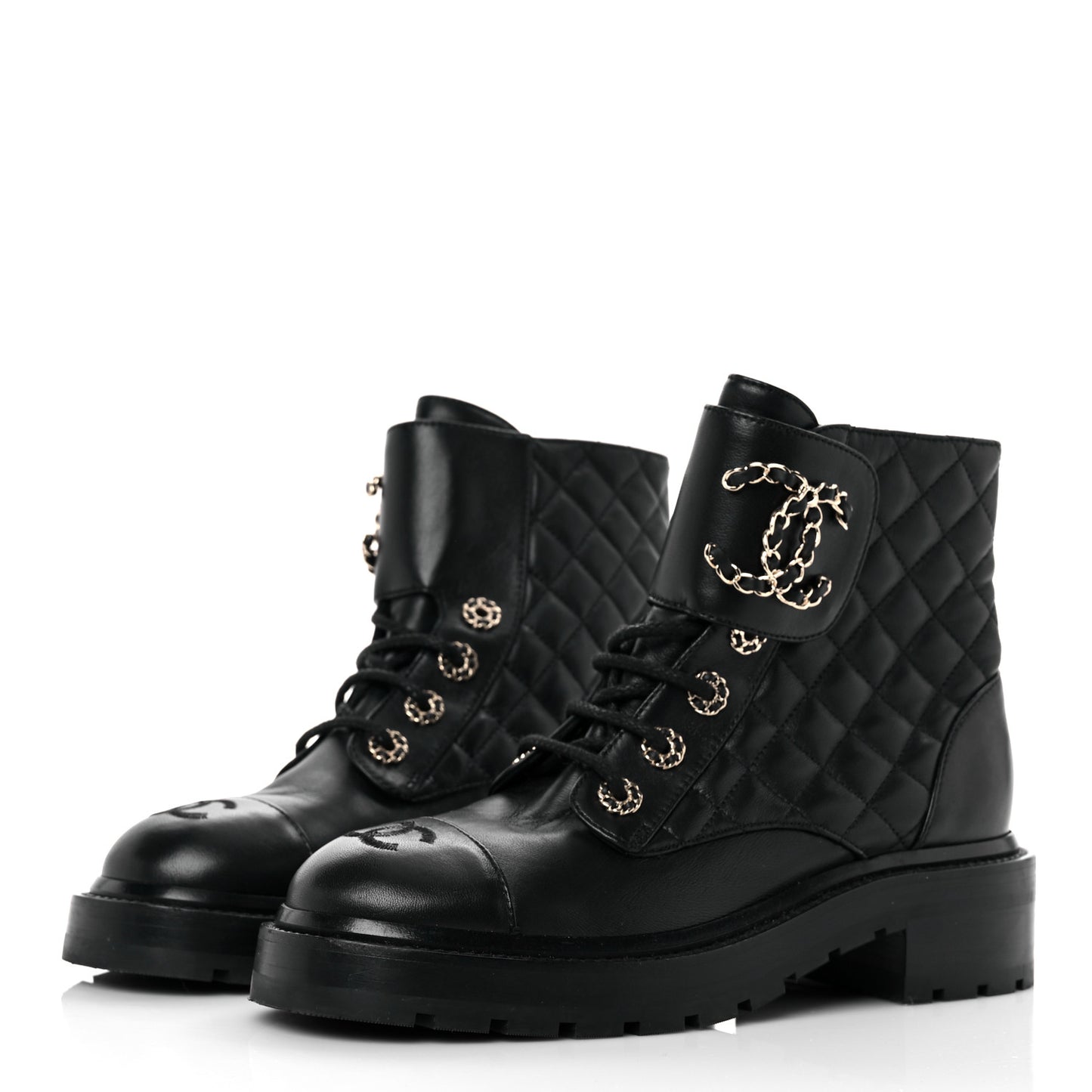 Shiny Calfskin Quilted Lace Up Combat Boots 36.5 Black