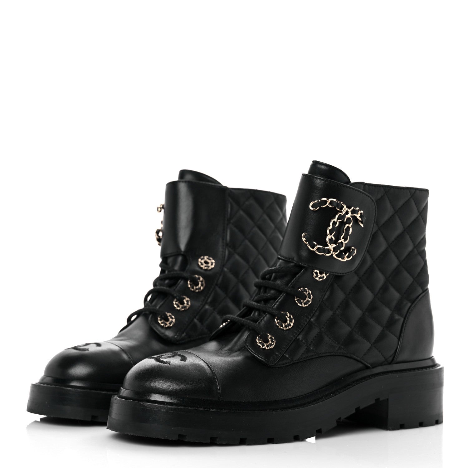 Chanel Shiny Calfskin Quilted Lace Up Combat Boots 36.5 Black 3 of 11