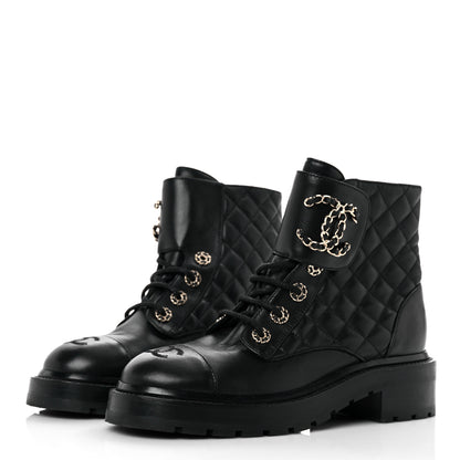 Chanel Shiny Calfskin Quilted Lace Up Combat Boots 36.5 Black 3 of 11